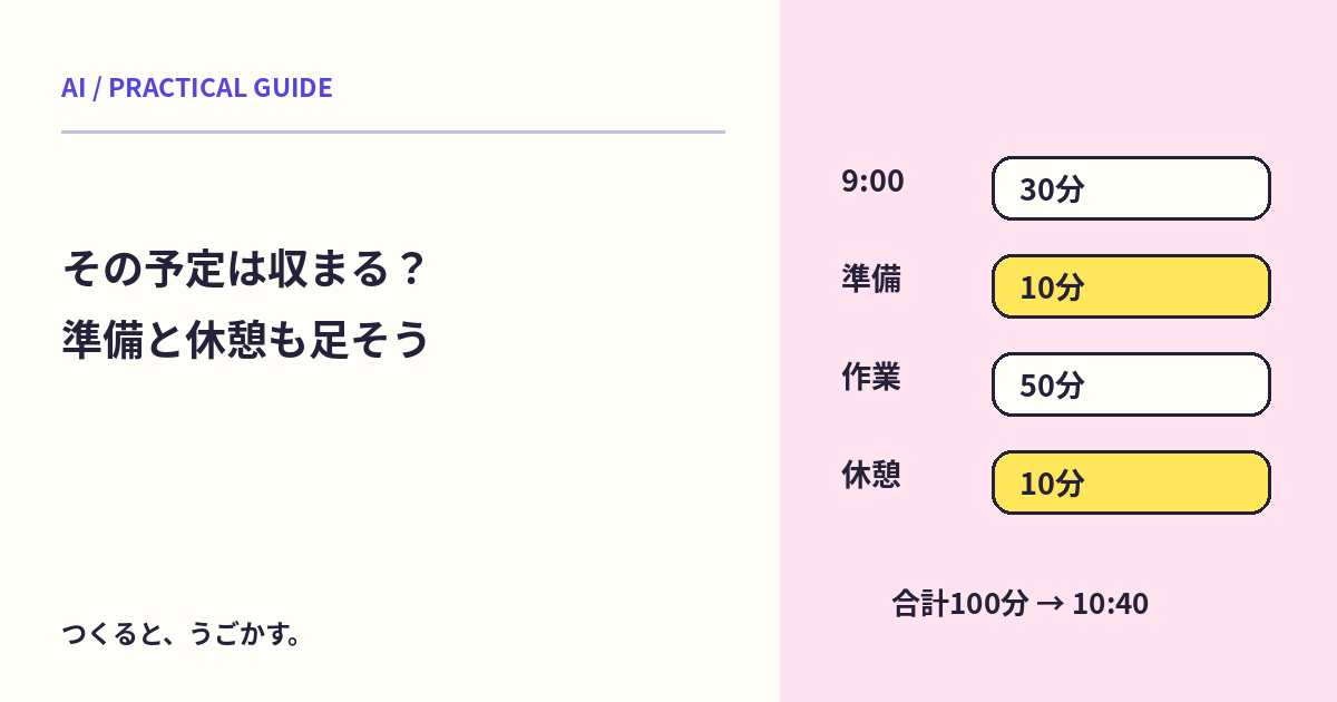 AIが作った予定は時間内に収まる？作業・準備・休憩の分数を足してみよう