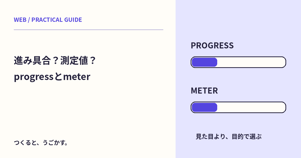 progressとmeterは何を表す?作業の進み具合と範囲内の値を分けよう