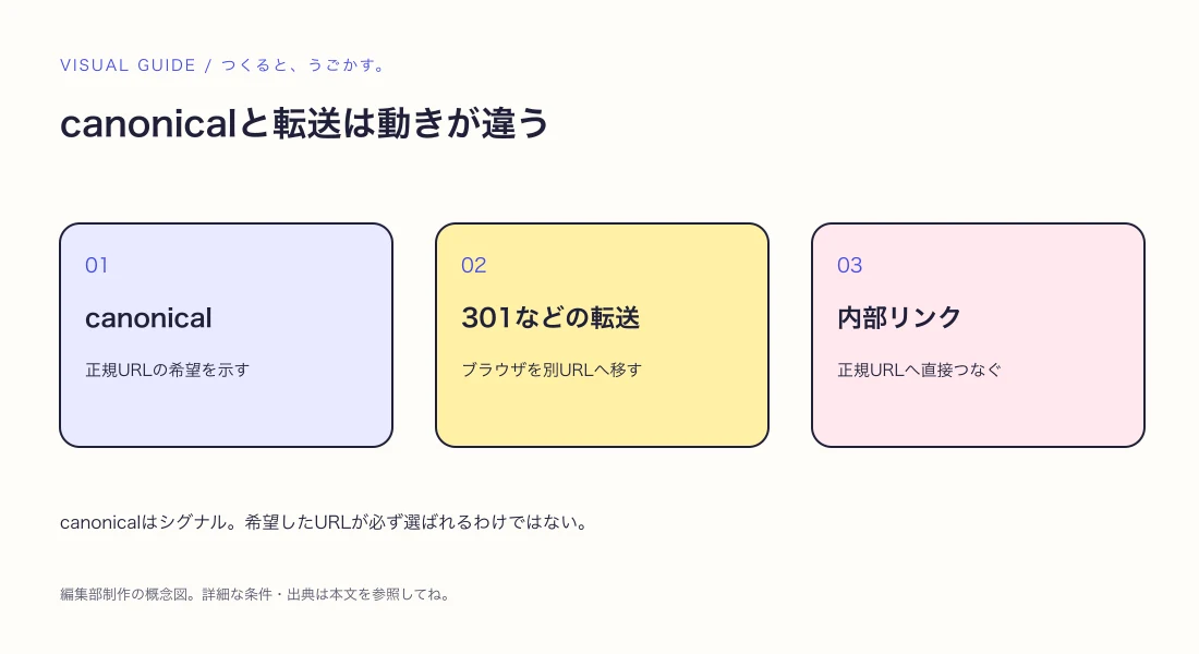 canonicalと301リダイレクトの違い:URL整理の考え方の解説図